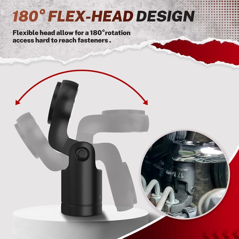 BILITOOLS 6PCS Flex Head Crows Foot Line Wrench Set, 3/8" & 1/2" Drive Injector Fuel Line Sockets Wrench Set, Crowfoot Flare Nut Socket Wrench Metric 12 14 16 17 18 19 mm with Storage Box - Image 4